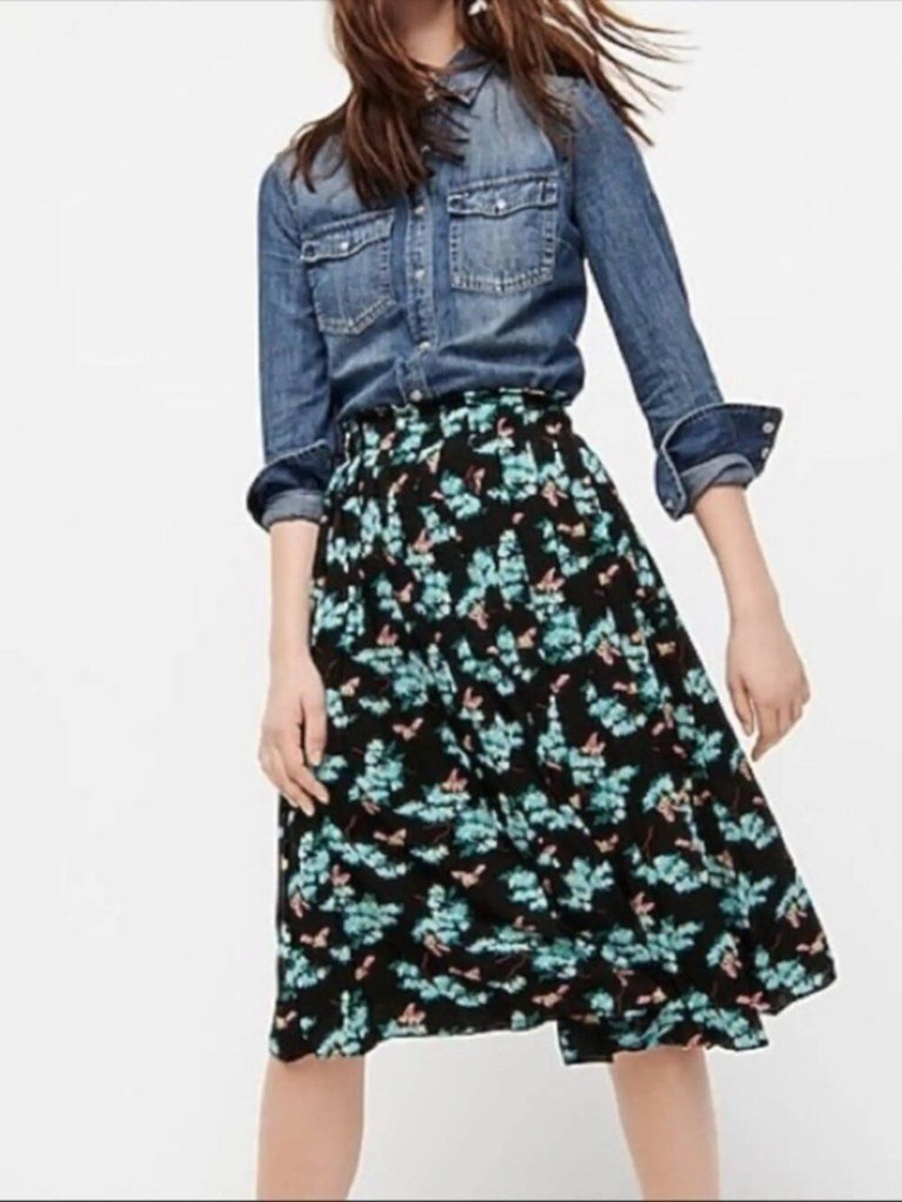 J Crew Pleated Midi Skirt Black Blue Botanical Floral Bees A-Line Flowy Preppy